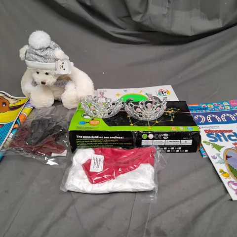 MEDIUM BOX OF ASSORTED TOYS AND GAMES TO INCLUDE TEDDIES, BUILD YOUR OWN DEN AND STICKER BOOKS