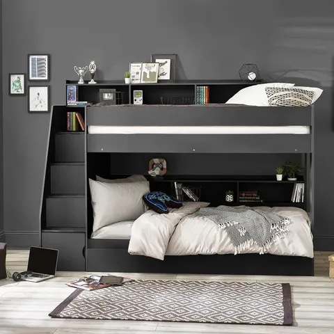 BOXED HARRIET BEE CALEB SINGLE (3') STANDARD BUNK BED WITH SHELVES - ANTHRACITE (5 BOXES)