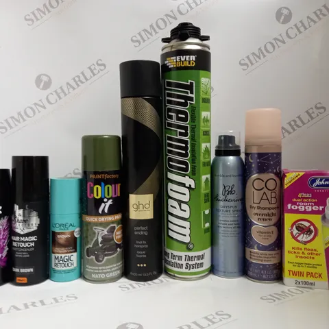 BOX OF APPROX 15 ASSORTED AEROSOLS TO INCLUDE LYNX BODY SPRAY, GHD HAIRSPRAY, COLAB DRY SHAMPOO, ETC 