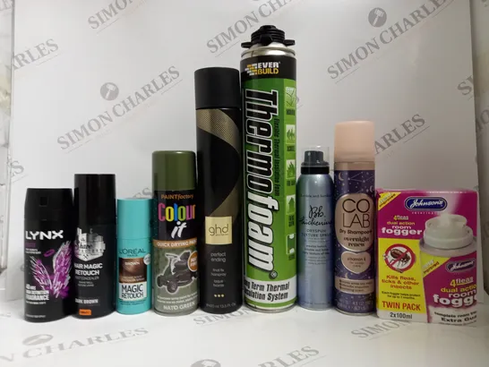 BOX OF APPROX 15 ASSORTED AEROSOLS TO INCLUDE LYNX BODY SPRAY, GHD HAIRSPRAY, COLAB DRY SHAMPOO, ETC 