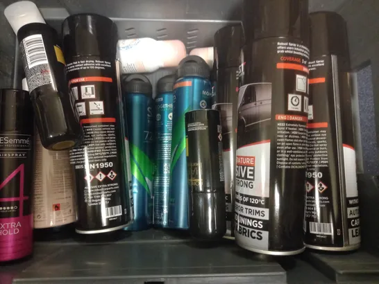 BOX OF APPROX 15 ASSORTED AEROSOLS TO INCLUDE - ROBUST CAR PARTS HIGH TEMP ADHESIVE - SURE MEN QUANTUM DRY - ACO BLACK DIAMOND ECT