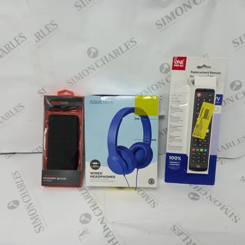 APPROXIMATELY 20 ASSORTED ITEMS TO INCLUDE WIRED HEADPHONES, BLACKWEB POWER BANK, REPLACEMENT REMOTE FOR SAMSUNG TELEVISIONS ETC. 