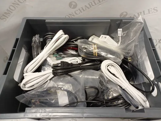 BOX OF ASSORTED ELECTRICALS & ELECTRICAL CABLES OF VARIOUS TYPES TO INCLUDE ADSL FILTER, POWER CABLES, HDMI CABLES, ETC