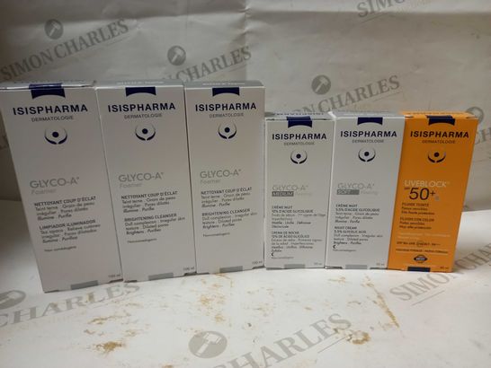 LOT OF 6 ISISPHARMA PRODUCTS TO INCLUDE GLYCO-A FOAMER, GLYCO-A MEDIUM PEELING, UVE BLOCK SPF 50+,