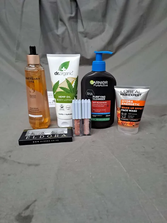 APPROXIMATELY 20 ASSORTED COSMETIC PRODUCTS TO INCLUDE L'OREAL MEN EXPERT FACE WASH, GARNIER PURIFYING CLEANSER AND HEMP OIL BODY LOTION