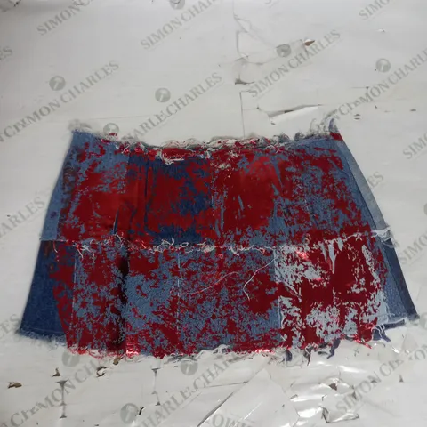 URBAN OUTFITTERS METALLIC SPLATTER PRINT DISTRESSED DENIM SKIRT IN BLUE AND RED SIZE L
