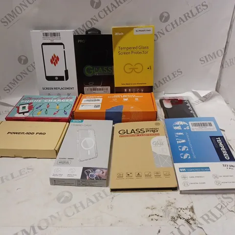 APPROXIMATELY 20 ASSORTED ITEMS TO INCLUDE TEMPERED GLASS, PHONE CASES AND PHONE CHARGERS