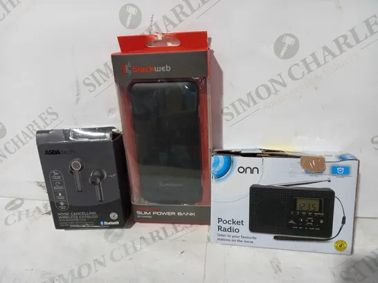 BOX OF APPROXIMATELY 20 ASSORTED ELECTRICAL ITEMS TO INCLUDE ONN POCKET RADIO, BLACKWEB SLIM POWER BANK, ASDA TECH NOISE CANCELLING WIRELESS EARBUDS, ETC