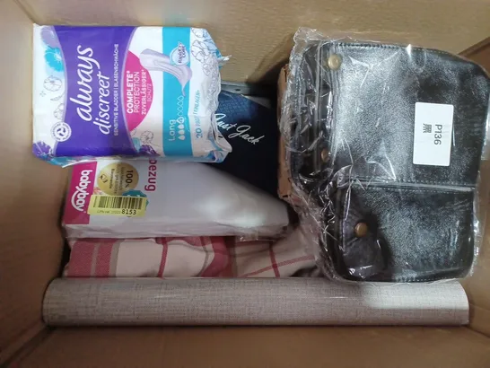 BOX OF APPROXIMATELY 10 ASSORTED HOUSEHOLD ITEMS TO INCLUDE ALWAYS DISCREET PADS, MAGIC ERASE-ALL SPONGE, FOOT-PUMP, ETC