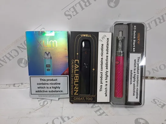 APPROXIMATELY 20 VAPES & E-CIGARETTES TO INCLUDE - ASPIRE K3 - UWELL CALIBURN - OXVA XLIM X TREME ECT