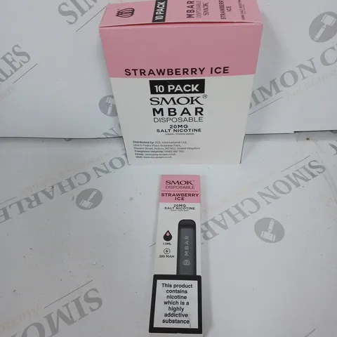 BOX OF APPROXIMATELY 10 BOXES OF STRAWBERY ICE 10 PACK SMOK M BAR DISPOSABLE 20MG SALT NICOTINE