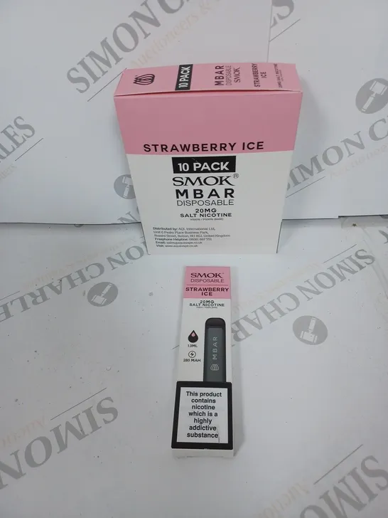 BOX OF APPROXIMATELY 10 BOXES OF STRAWBERY ICE 10 PACK SMOK M BAR DISPOSABLE 20MG SALT NICOTINE