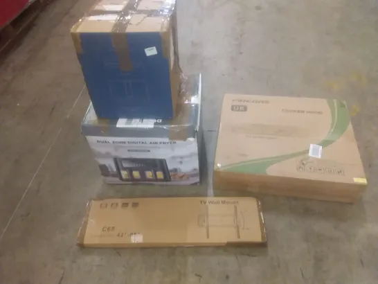 PALLET OF ASSORTED HOUSEHOLD PRODUCTS AND ITEMS, INCLUDING; EXERCISE BIKE, COOKER HOOD, AIR FRYERS, TV WALL MOUNT, BOXED FURNITURE ETC 