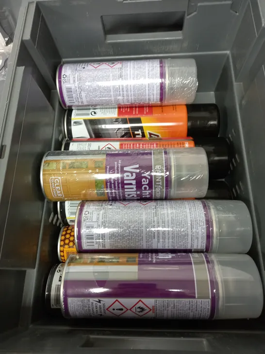 BOX OF APPROXIMATELY 10 ASSORTED AEROSOLS TO INCLUDE - PAINTFACTORY YACHT VARNISH - ARMOURALL TIRE FOAM - HOLTS EGR & CARB CLEANER - ETC - COLLECTION ONLY