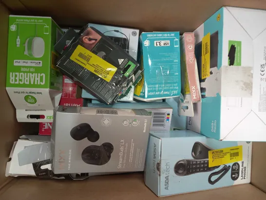 BOX OF APPROXIMATELY 20 ASSORTED ELECTRICAL ITEMS TO INCLUDE ASDA TECH FM ALARM CLOCK, ASDA TECH POCKET RADIO, ASDA TECH MICRO USB TO USB-A CABLE, ETC