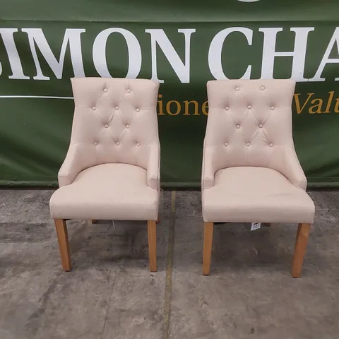 SET OF 2 DUKE OATMEAL FABRIC BUTTON BACK DINING CHAIRS WITH OAK LEGS 