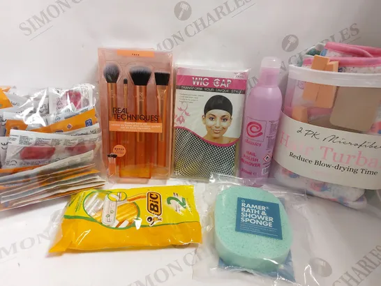 BOX OF APPROX 10 COSMETIC ITEMS TO INCLUDE REAL TECHNIQUES BRUSH SET, HAIR TURBAN PACK, WIG CAP