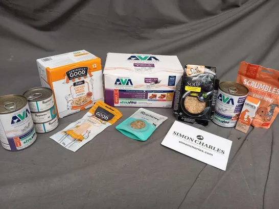 APPROXIMATELY 30 ASSORTED PET FOOD PRODUCTS TO INCLUDE; AVA, SERIOUSLY GOOD, SHEBA AND SCRUMBLES