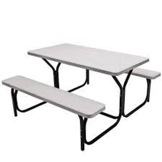 BOXED COSTWAY OUTDOOR DINING TABLE & 2 BENCHES PICNIC TABLE BENCH SET W/ UMBRELLA HOLE - WHITE