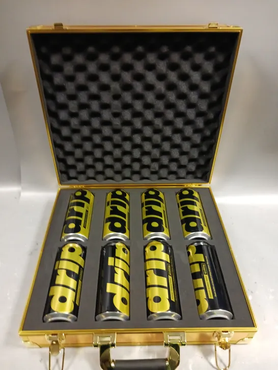 8 X DRIP SPARKLING & STILL MINERAL WATER CANS IN GOLD EFFECT BRIEFCASE 