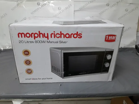 BOXED MORPHY RICHARDS 800 WATT MANUAL MICROWAVE SILVER 20 LITRE