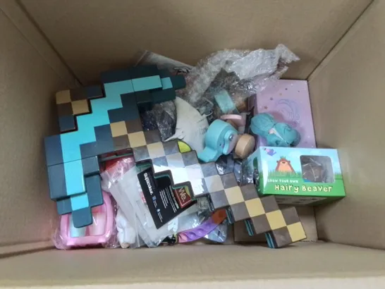 LOT OF ASSORTED TOYS AND KIDS ACTIVITIES TO INCLUDE BATH BOMBS, MINECRAFT AXE AND FLASH CARDS