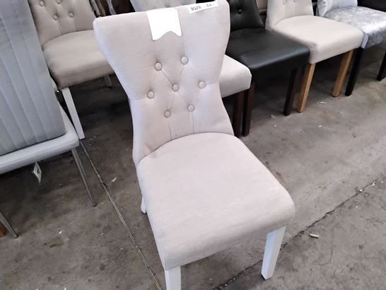 2 DESIGNER CREAM FABRIC CHAIRS WITH WHITE LEGS