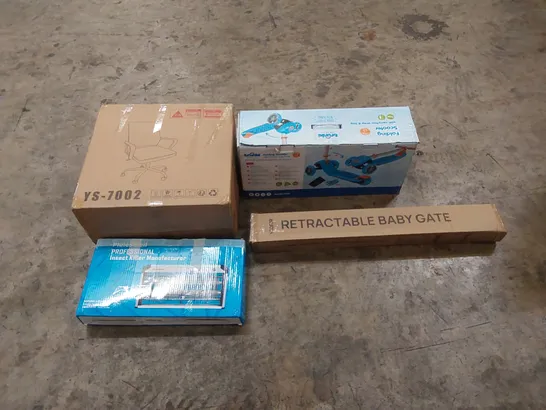 PALLET OF ASSORTED HOUSEHOLD ITEMS AND CONSUMER PRODUCTS TO INCLUDE; OFFICE CHAIR, SCOOTER, RETRACTABLE BABY GATE, INSECT KILLER, BOXED FURNITURE ETC 