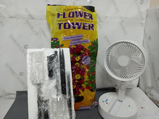 APPROXIMATELY 8 ASSORTED ITEMS TO INCLUDE PORTABLE FAN, FLOWER TOWER, LED DECOR LIGHTS, ETC