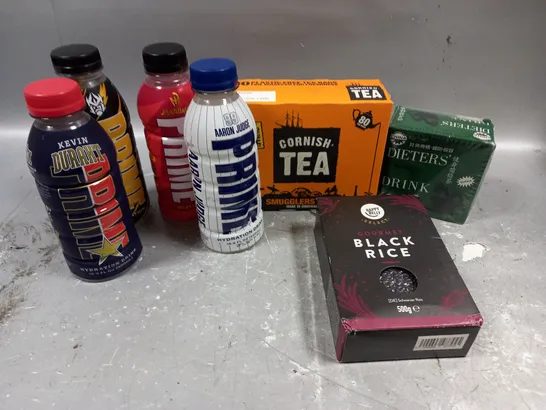 APPROXIMATELY 10 ASSORTED FOOD/DRINK PRODUCTS TO INCLUDE CORNISH TEA, PRIME HYDRATION DRINKS, BLACK RICE ETC 