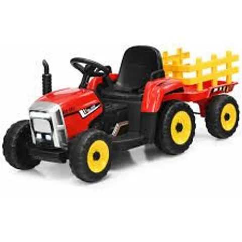 BOXED 12V KIDS RIDE ON TRACTOR WITH TRAILER MUSIC AND LED LIGHTS - RED (1 BOX)