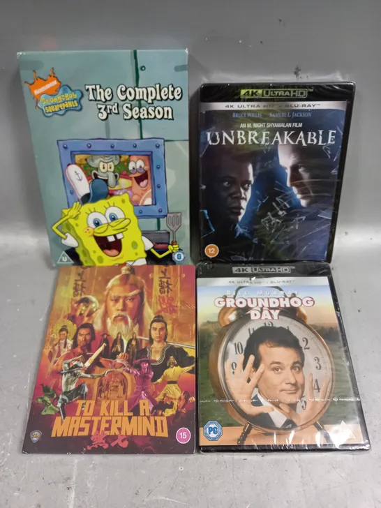 APPROXIMATELY 10 ASSORTED MEDIA PRODUCTS TO INCLUDE GROUNDHOG DAY, UNBREAKABLE, SPONGEBOB ETC 