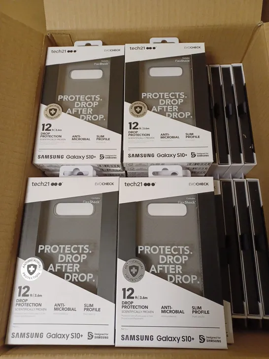 LOT OF APPROX. 80 BRAND NEW BOXED TECH 21 T21-6949 SMOKEY BLACK EVO CHECK CASE COVER WITH 12FT DROP PROTECTION AND ANTI-MICROBIAL PROTECTION FOR SAMSUNG GALAXY S10+