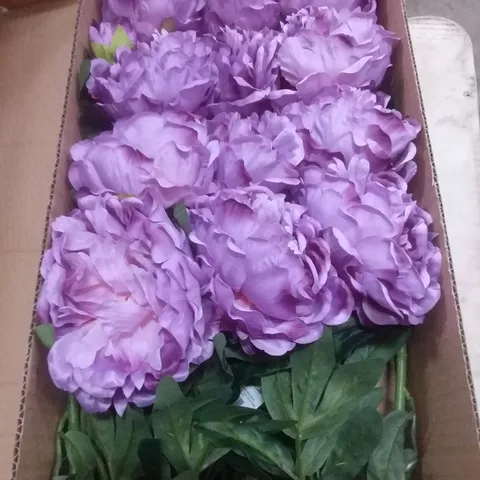 BOX OF 24 BRAND NEW SIGNATURE SILK FLOWERS 68CM PEONY SPRAY W/1 FLOWER, 1 BUD & 5 LEAVES - PURPLE