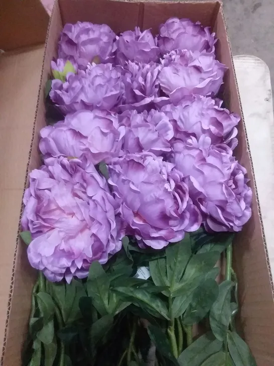 BOX OF 24 BRAND NEW SIGNATURE SILK FLOWERS 68CM PEONY SPRAY W/1 FLOWER, 1 BUD & 5 LEAVES - PURPLE