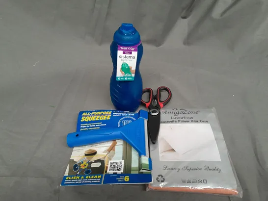 APPROXIMATELY 20 ASSORTED PRODUCTS TO INCLUDE WATER BOTTLE, SQUEEGEE, PILLOW CASES, KITCHEN SCISSORS  