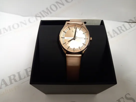 BOXED ARMANI EXCHANGE THREE HAND ROSE GOLD LEATHER STRAP WOMANS WATCH