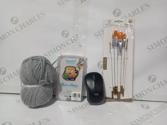 LOT OF APPROXIMATELY 10 ASSORTED HOUSEHOLD ITEMS TO INCLUDE HIGH QUALITY ARTIST BRUSHES, RICK AND MORTY KEYRING, LOGITECH COMPUTER MOUSE, ETC