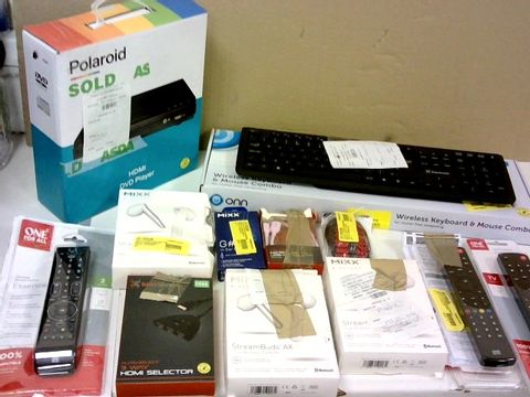 BOX OF ASSORTED ELECTRICAL ITEMS TO  INCLUDE; HEADPHONES, DVD PLAYERS, REMOTE CONTROLS, COMPUTER PERIPHERALS ETC