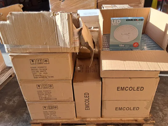 PALLET CONTAINING 13 MULTIPACK BOXES OF ASSORTED LIGHTING ITEMS TO INCLUDE EMCOLED 18W CIRCULAR LIGHTS, GLS FILAMENT BULBS AND LED CABINET LIGHTS