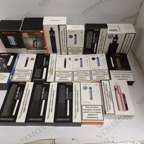 BOX OF APPROXIMATELY 30 E-CIGARETTE PRODUCTS TO INCLUDE UWELL CALIBURN, ASPIRE FLEXUS, GEEKVAPE L200 ETC