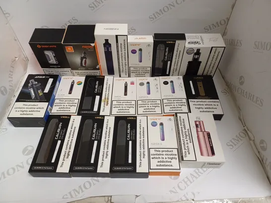 BOX OF APPROXIMATELY 30 E-CIGARETTE PRODUCTS TO INCLUDE UWELL CALIBURN, ASPIRE FLEXUS, GEEKVAPE L200 ETC