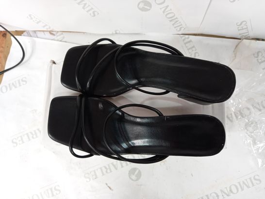 BOXED PAIR OF BLACK LEATHER SQUARE TOED STRAPPY WEDGE SANDALS - SIZE 38