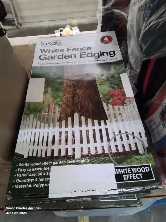 LOT TO CONTAIN APPROXIMATELY 25 ITEMS TO INCLUDE A CAMPING BED, GARDEN FENCE EDGING, CABIN SIZE SUITCASE, POOL COVER, MULTI PURPOSE TORCH, GARDEN KNEELER ETC.