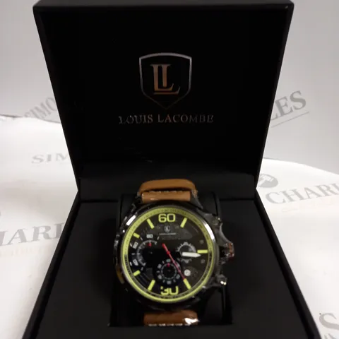 MENS LOUIS LACOMBE WATCH MULTI FUNCTION BLACK DIAL & CASE LEATHER STRAP