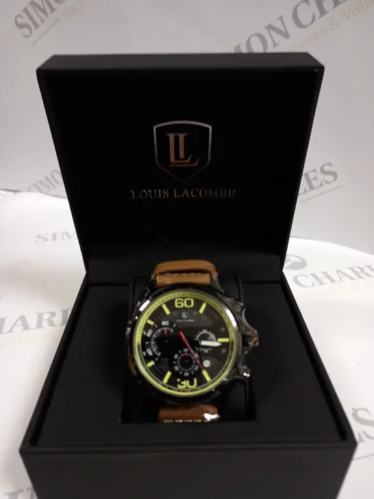 MENS LOUIS LACOMBE WATCH MULTI FUNCTION BLACK DIAL & CASE LEATHER STRAP