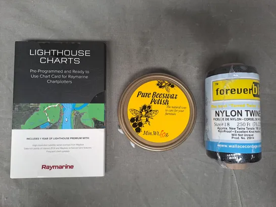 APPROXIMATELY 10 ASSORTED HOUSEHOLD ITEMS TO INCLUDE LIGHTHOUSE CHARTS, PURE BEESWAX POLISH, NYLON TWINE, ETC