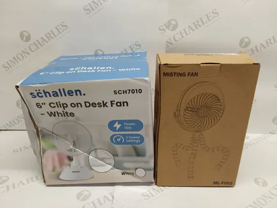 BOX OF BRAND NEW FANS TO INCLUDE APPROXIMATELY; 1X SCHALLEN 6" CLIP ON DESK FAN, 1X PORTABLE HANDHELD MISTING FAN