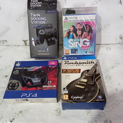 4 PLAYSTATION ITEMS TO INCLUDE: COMPACT RACING WHEEL, TWIN DOCKING STATION, LETS SING 2022, ROCKSMITH 2014 EDITION