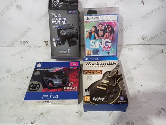 4 PLAYSTATION ITEMS TO INCLUDE: COMPACT RACING WHEEL, TWIN DOCKING STATION, LETS SING 2022, ROCKSMITH 2014 EDITION